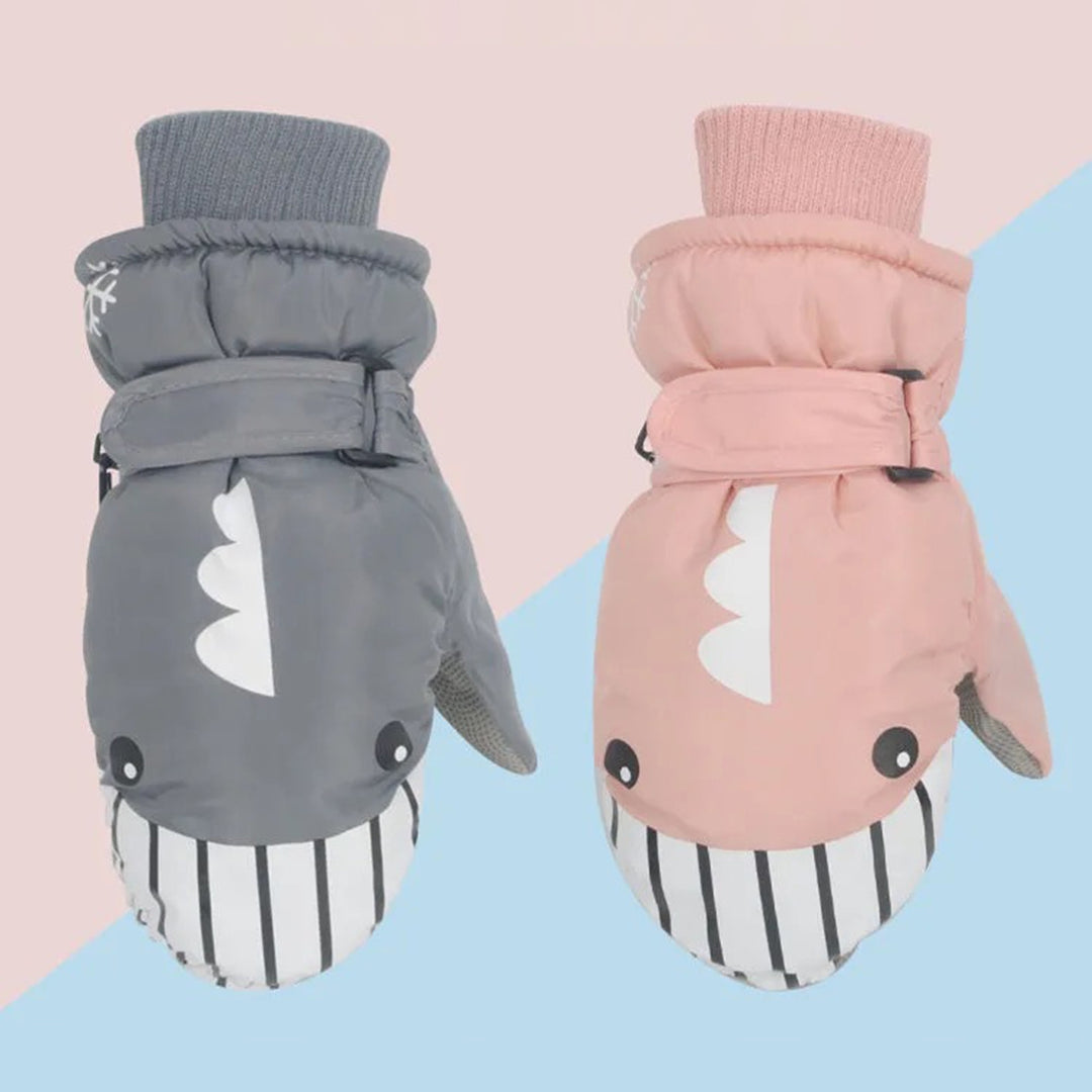 1 Pair Windproof Adjustable Fasten Tape Elastic Knitting Cuffs Children Gloves Winter Waterproof Cartoon Shark Shape Image 8