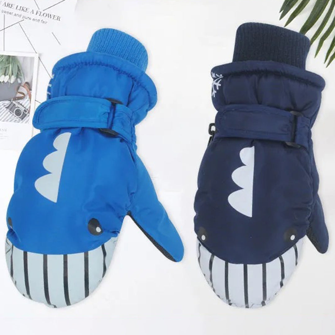 1 Pair Windproof Adjustable Fasten Tape Elastic Knitting Cuffs Children Gloves Winter Waterproof Cartoon Shark Shape Image 9