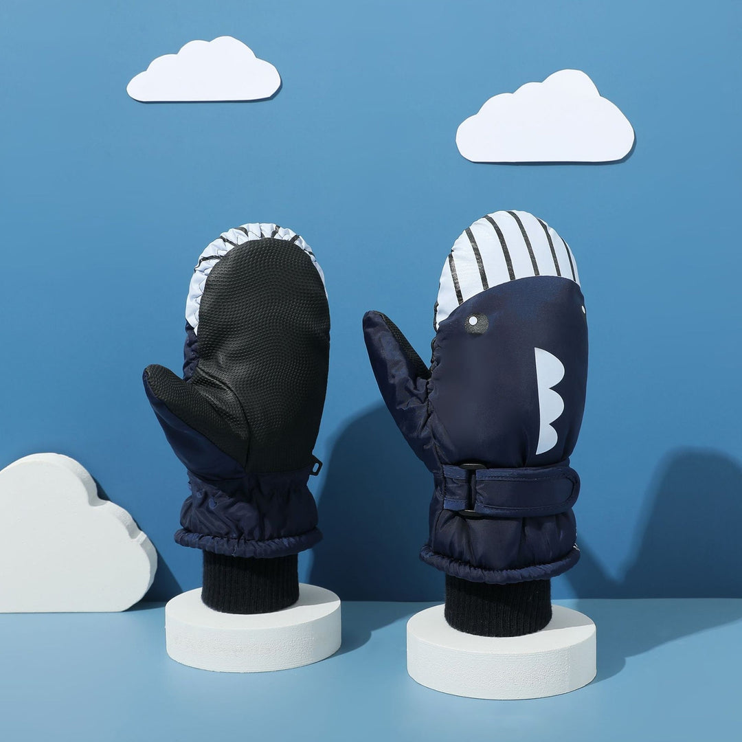 1 Pair Windproof Adjustable Fasten Tape Elastic Knitting Cuffs Children Gloves Winter Waterproof Cartoon Shark Shape Image 10