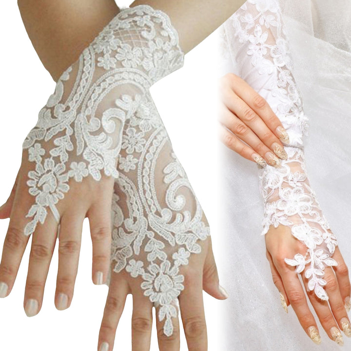 1 Pair Fingerless Wrist Length Lace-up Bridal Gloves See-through Lace Hollow Wedding Gloves Bridal Accessories Image 3
