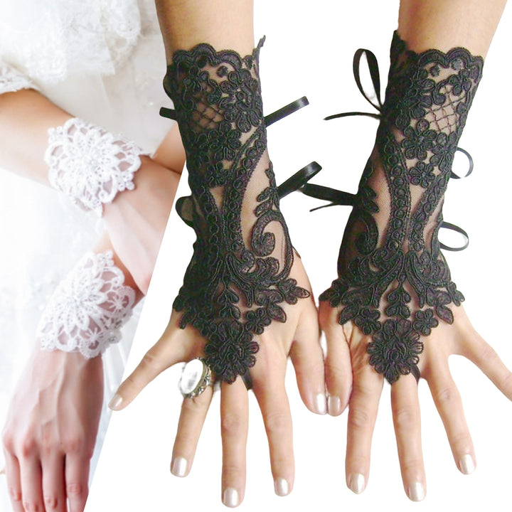 1 Pair Fingerless Wrist Length Lace-up Bridal Gloves See-through Lace Hollow Wedding Gloves Bridal Accessories Image 4