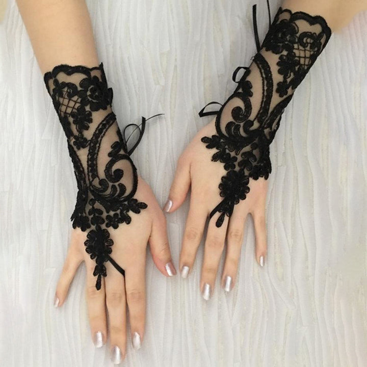 1 Pair Fingerless Wrist Length Lace-up Bridal Gloves See-through Lace Hollow Wedding Gloves Bridal Accessories Image 7
