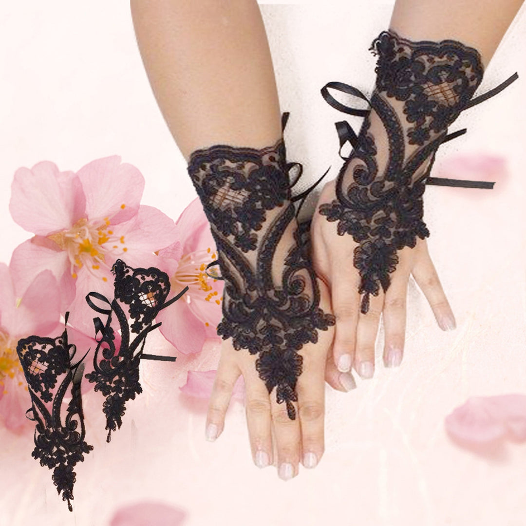 1 Pair Fingerless Wrist Length Lace-up Bridal Gloves See-through Lace Hollow Wedding Gloves Bridal Accessories Image 8