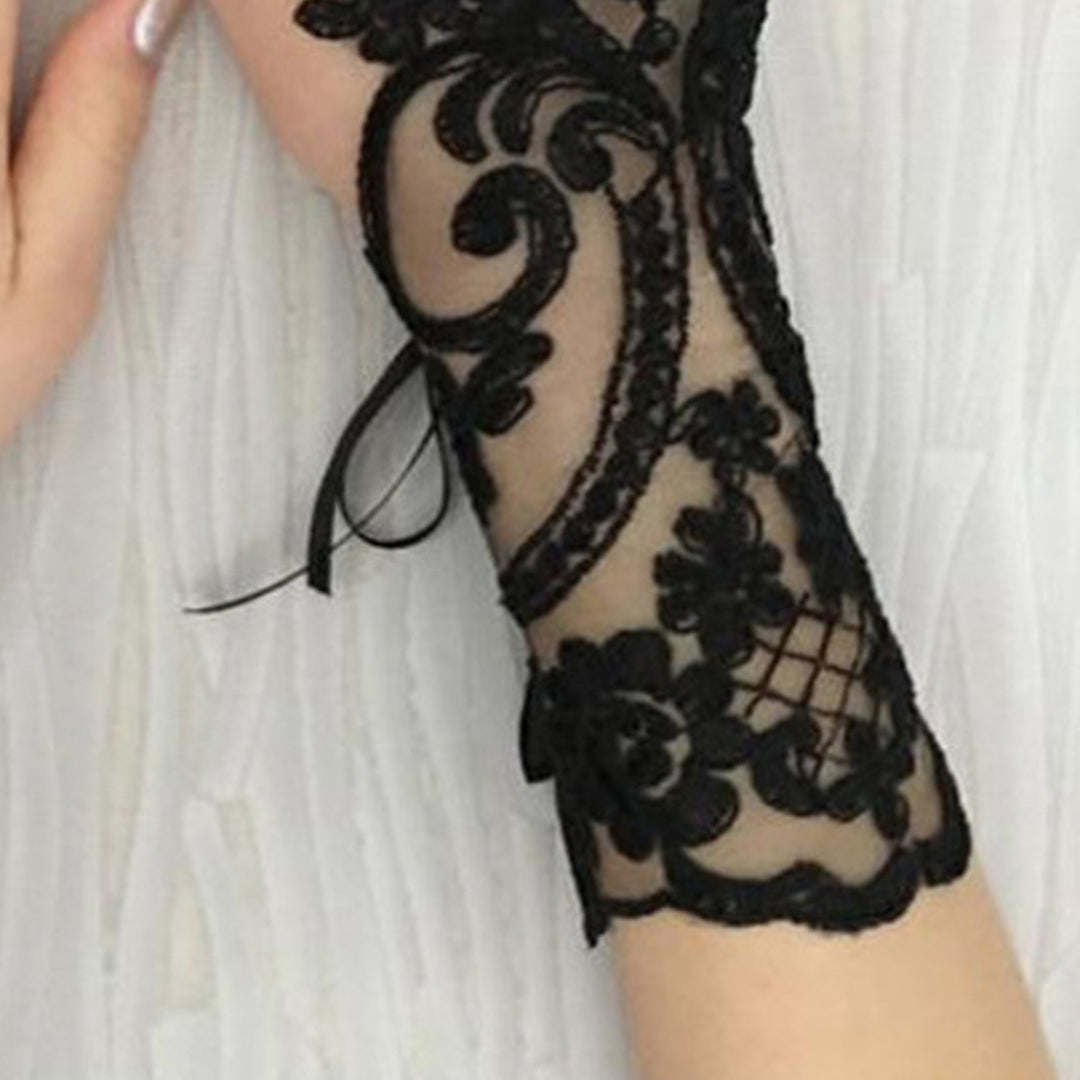 1 Pair Fingerless Wrist Length Lace-up Bridal Gloves See-through Lace Hollow Wedding Gloves Bridal Accessories Image 9