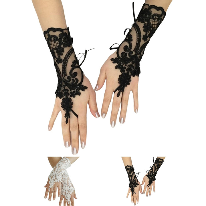 1 Pair Fingerless Wrist Length Lace-up Bridal Gloves See-through Lace Hollow Wedding Gloves Bridal Accessories Image 12