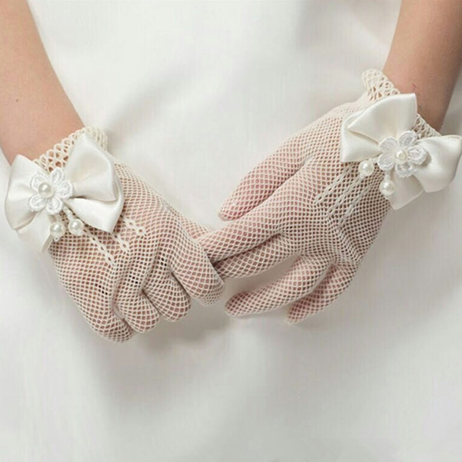 1 Pair Wedding Flower Girl Gloves Romantic See-through Hollow Out Big Bow-knot Fishnet Wedding Image 1