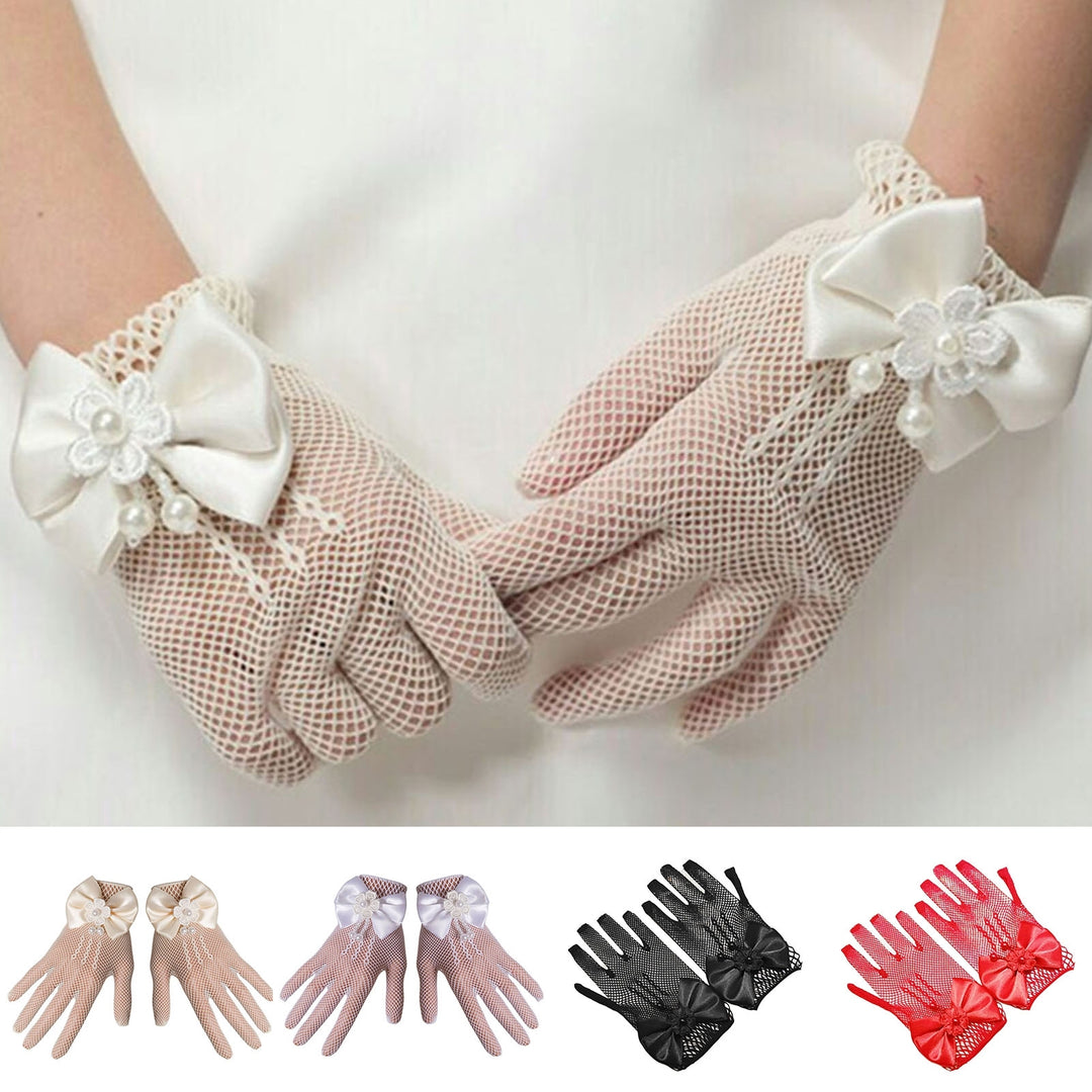 1 Pair Wedding Flower Girl Gloves Romantic See-through Hollow Out Big Bow-knot Fishnet Wedding Image 7