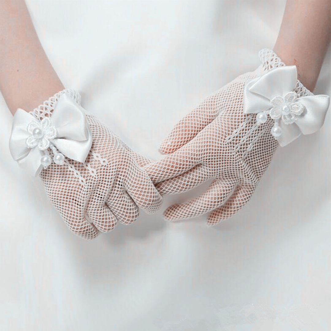 1 Pair Wedding Flower Girl Gloves Romantic See-through Hollow Out Big Bow-knot Fishnet Wedding Image 11