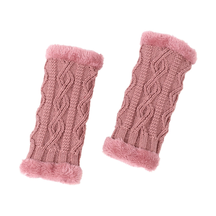 1 Pair Thumbhole Design Thickened Fleece Lining Knitted Gloves Women Winter Solid Rhombus Texture Fingerless Mittens Image 4