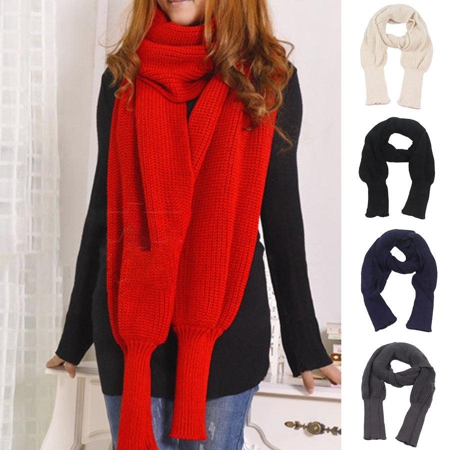 Women Winter Scarf Long Sleeves Knitting Solid Color Soft Elastic Keep Warm Lightweight American Style Lady Shawl for Image 1