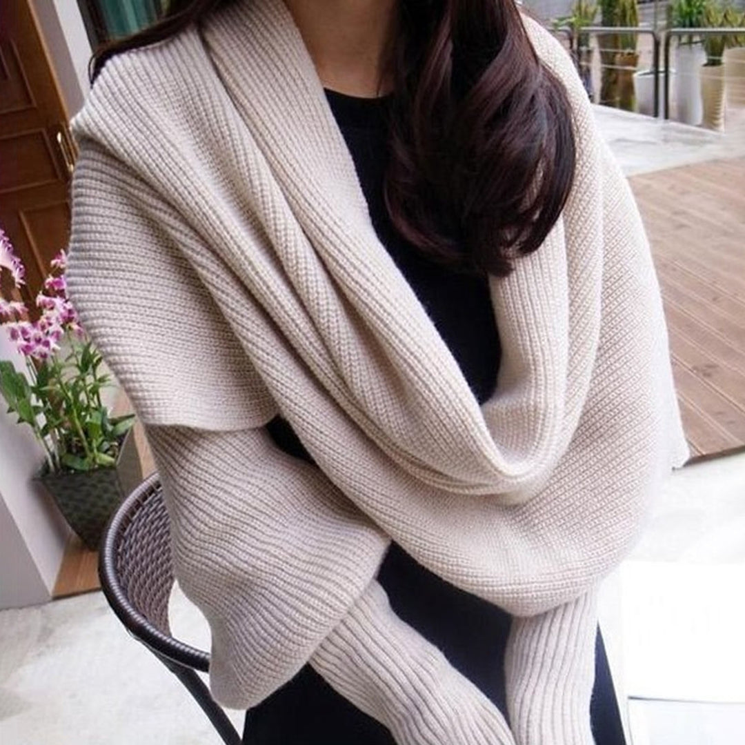 Women Winter Scarf Long Sleeves Knitting Solid Color Soft Elastic Keep Warm Lightweight American Style Lady Shawl for Image 12