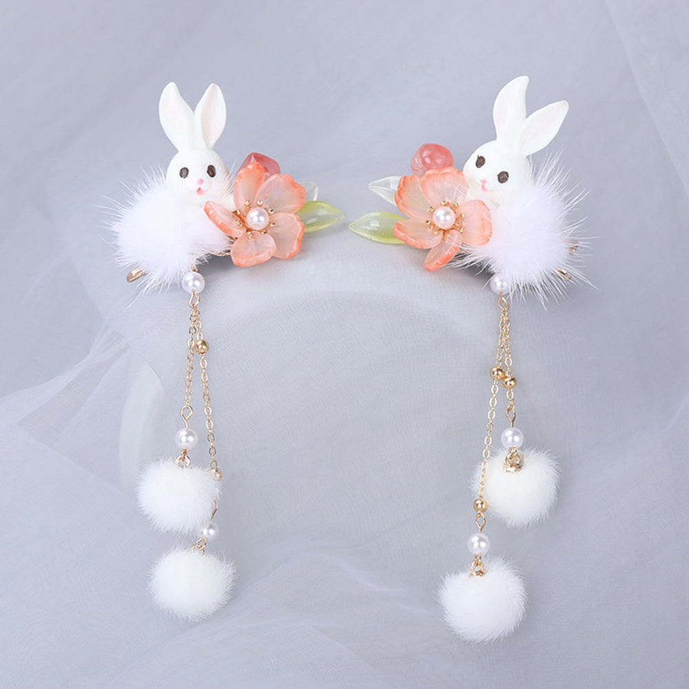 1 Pair Hanfu Hairpins Plush Ball Rabbit Decor Long Tassel Flower Chain Decorative Beads Anti-slip Cosplay Hanfu Image 2