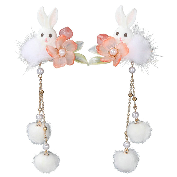 1 Pair Hanfu Hairpins Plush Ball Rabbit Decor Long Tassel Flower Chain Decorative Beads Anti-slip Cosplay Hanfu Image 4