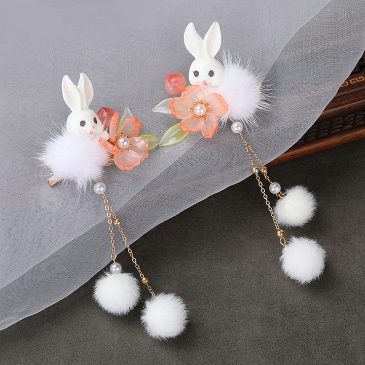 1 Pair Hanfu Hairpins Plush Ball Rabbit Decor Long Tassel Flower Chain Decorative Beads Anti-slip Cosplay Hanfu Image 7