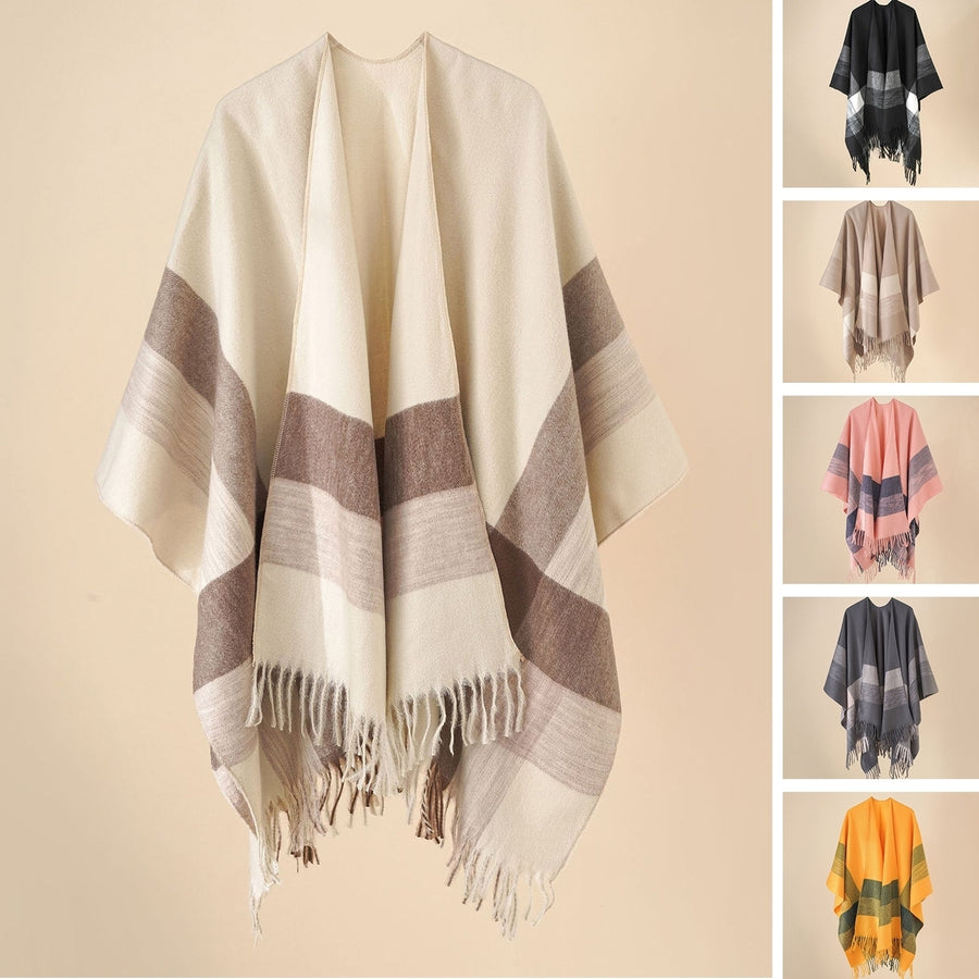 Autumn Winter Women Scarf Plaid Print Tassels Thickened Coldproof Bohemian Geometric Shape Shawl Cloak Daily Wear Image 1