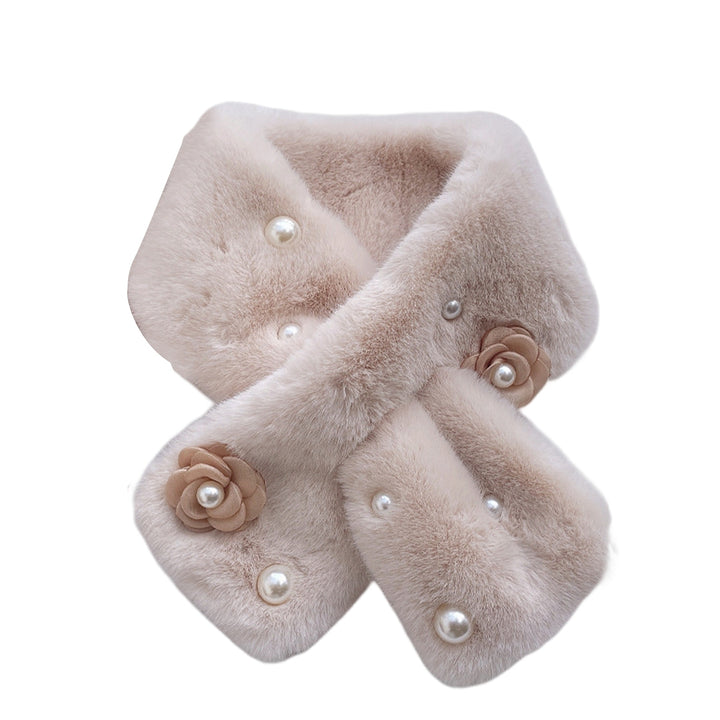 Winter Scarf Solid Color Plush Thicken Flower Decor Faux Pearl Keep Warm Cozy Thermal Comfortable Neck Scarf Women Image 4