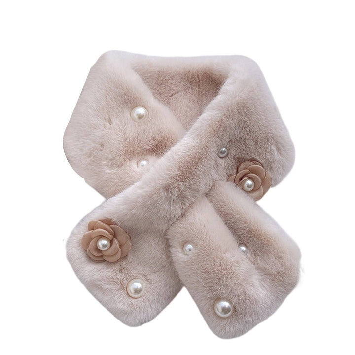 Winter Scarf Solid Color Plush Thicken Flower Decor Faux Pearl Keep Warm Cozy Thermal Comfortable Neck Scarf Women Image 1