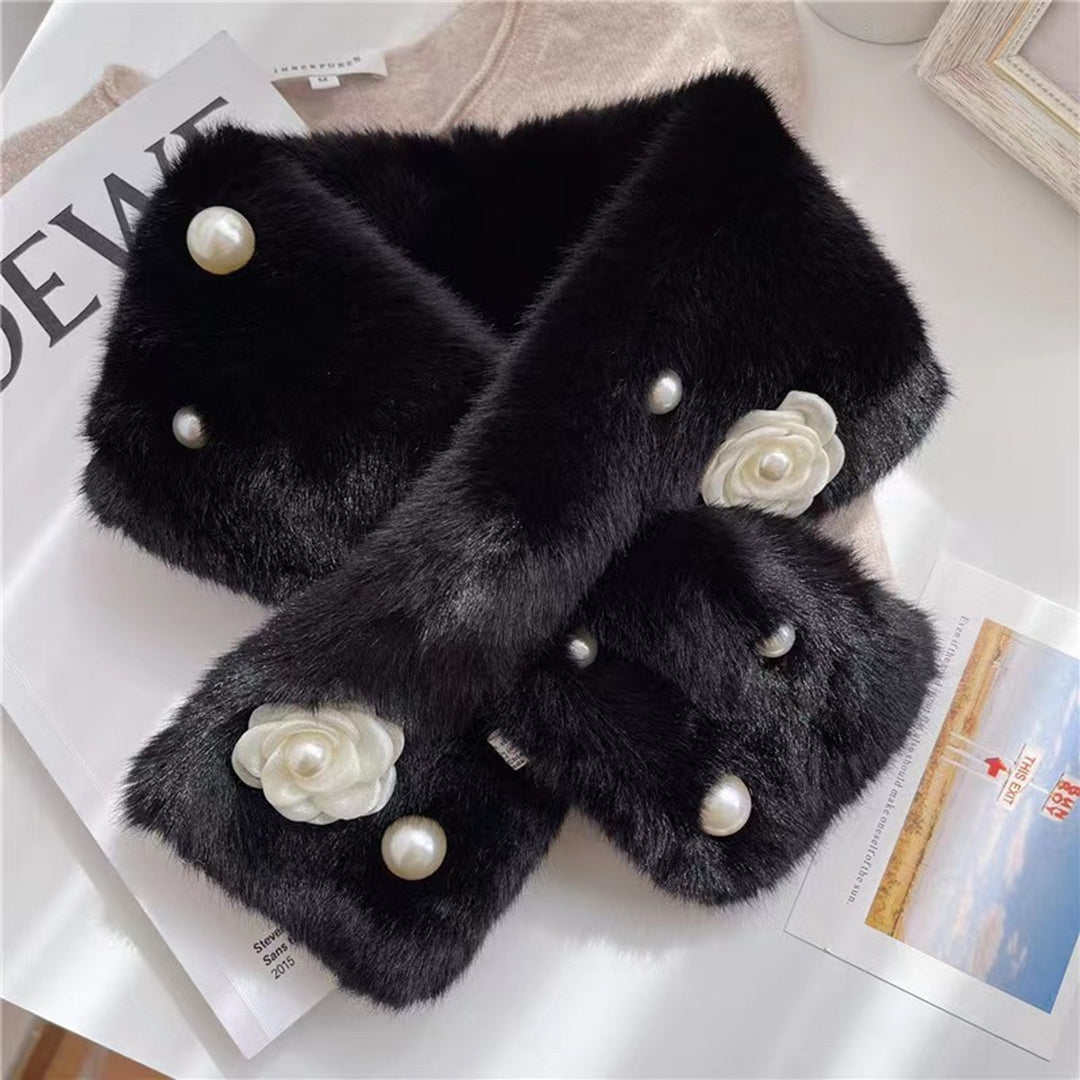 Winter Scarf Solid Color Plush Thicken Flower Decor Faux Pearl Keep Warm Cozy Thermal Comfortable Neck Scarf Women Image 7