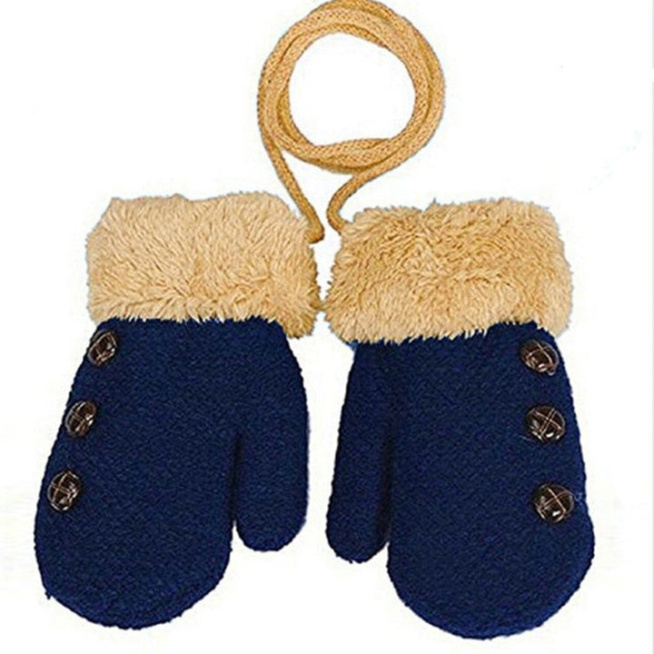 1 Pair Thickened Fleece Lining Winter Gloves with Anti-lost Rope Buttons Decor Solid Color Baby Knitting Mittens Costume Image 6