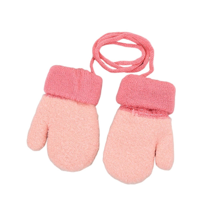 1 Pair Thickened Fleece Lining Winter Gloves with Anti-lost Rope Patchwork Color Baby Double Layer Knitting Mittens Image 4