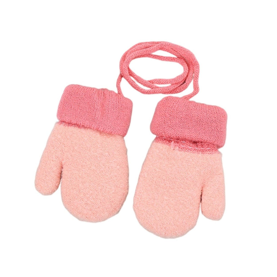 1 Pair Thickened Fleece Lining Winter Gloves with Anti-lost Rope Patchwork Color Baby Double Layer Knitting Mittens Image 1