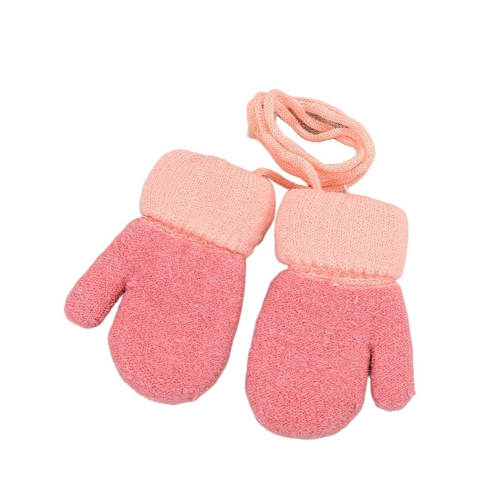 1 Pair Thickened Fleece Lining Winter Gloves with Anti-lost Rope Patchwork Color Baby Double Layer Knitting Mittens Image 1