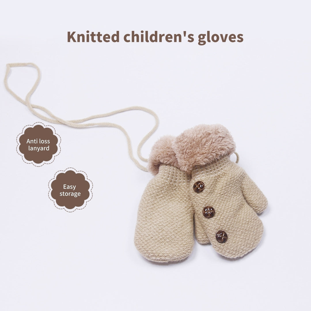1 Pair Thickened Fleece Lining Winter Gloves with Anti-lost Rope Buttons Decor Solid Color Baby Knitting Mittens Costume Image 12