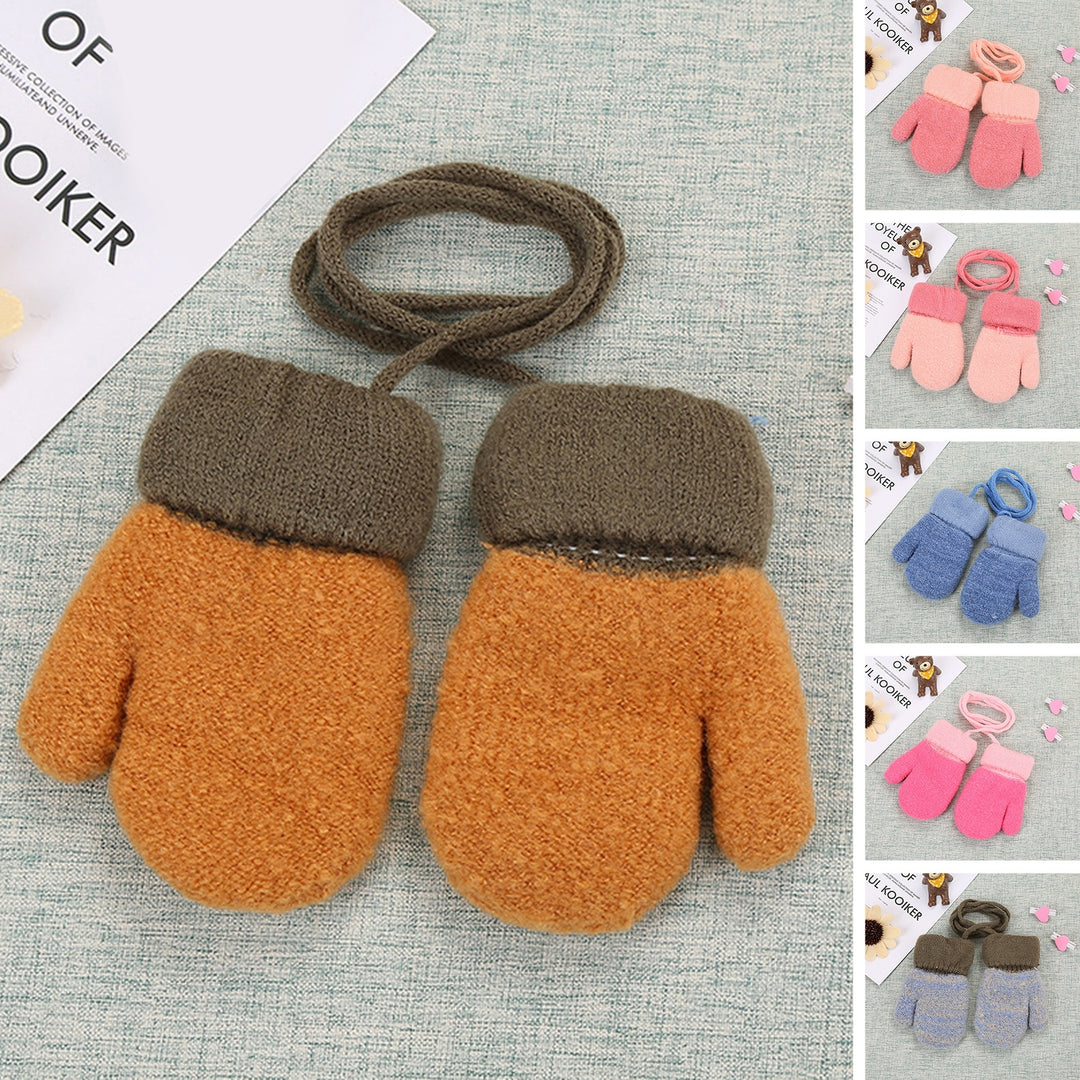 1 Pair Thickened Fleece Lining Winter Gloves with Anti-lost Rope Patchwork Color Baby Double Layer Knitting Mittens Image 8