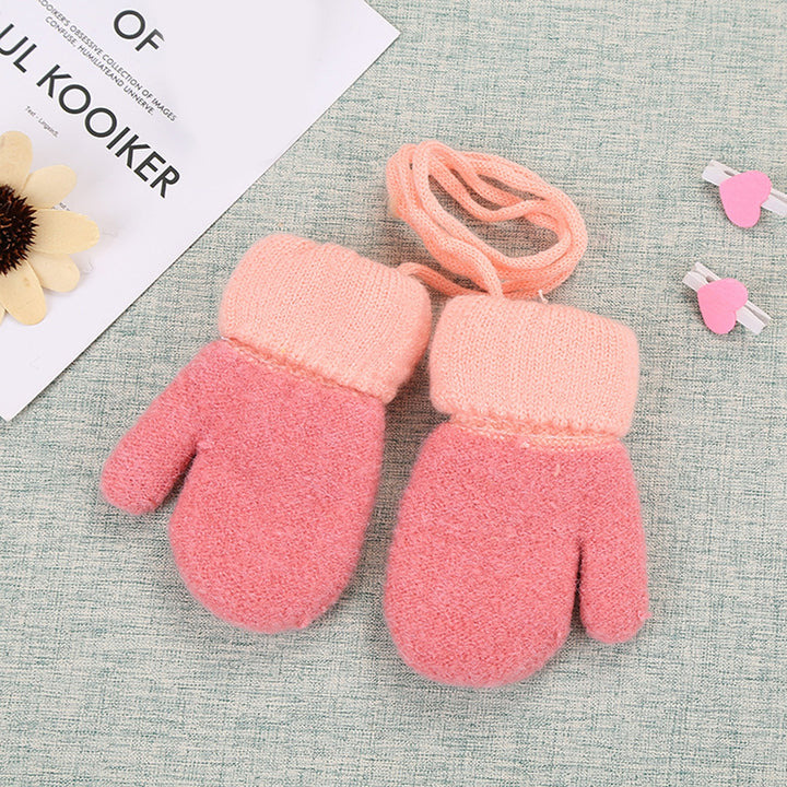 1 Pair Thickened Fleece Lining Winter Gloves with Anti-lost Rope Patchwork Color Baby Double Layer Knitting Mittens Image 9