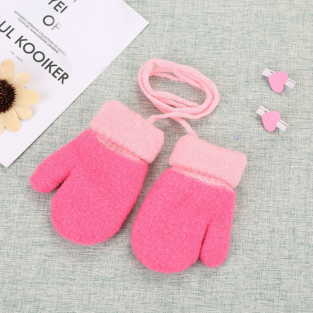 1 Pair Thickened Fleece Lining Winter Gloves with Anti-lost Rope Patchwork Color Baby Double Layer Knitting Mittens Image 12