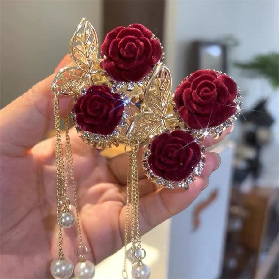 Shiny Rhinestone Long Fringe Beads Decor Hair Claw Elegant Red Rose Flower Decor Hair Clip Hair Accessories Image 1