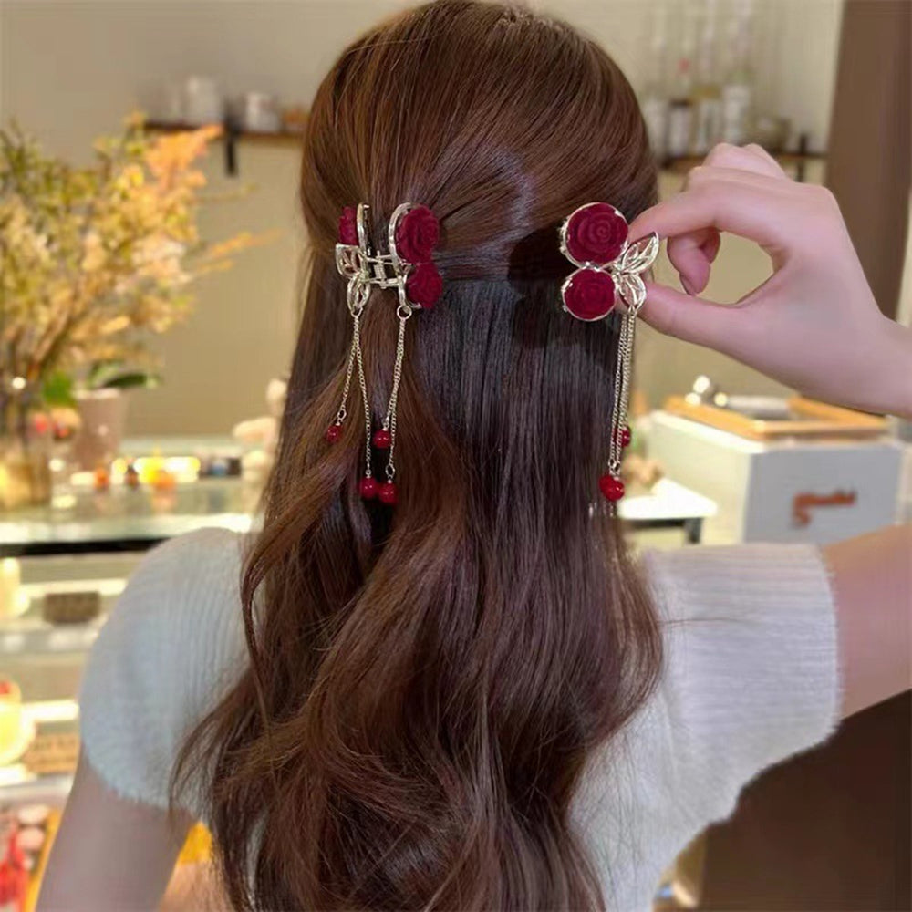 Shiny Rhinestone Long Fringe Beads Decor Hair Claw Elegant Red Rose Flower Decor Hair Clip Hair Accessories Image 2