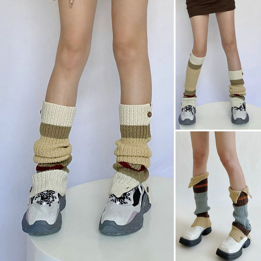 1 Pair Women Winter Calf Socks Knitting Stretch Contrast Color Stitching Button Up Keep Warm Soft Japanese Style Leg Image 1