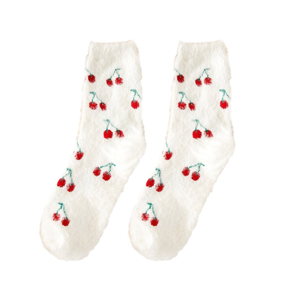1 Pair Candy Color Mid-tube Thickened Thermal Socks Women Winter Fruit Print Fluffy Socks Image 2