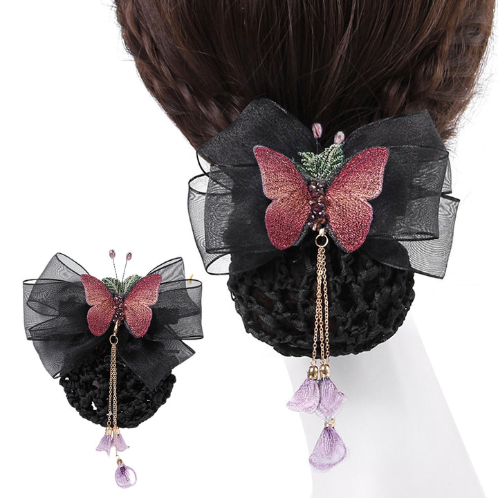 Hair Net Elastic Tight Non-Slip Handmade Tassel Bow Decor Dress Up Headdress Women Hair Clip with Hair Net Bag Hair Image 7