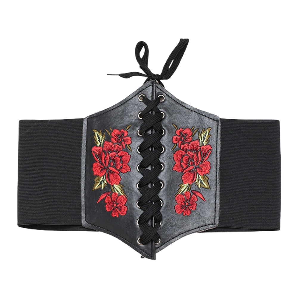 Waist Belt Embroidery Rose Flowers Stretch Rope Closure Comfortable Decorate Faux Leather Women Elastic Lace Up Corset Image 2