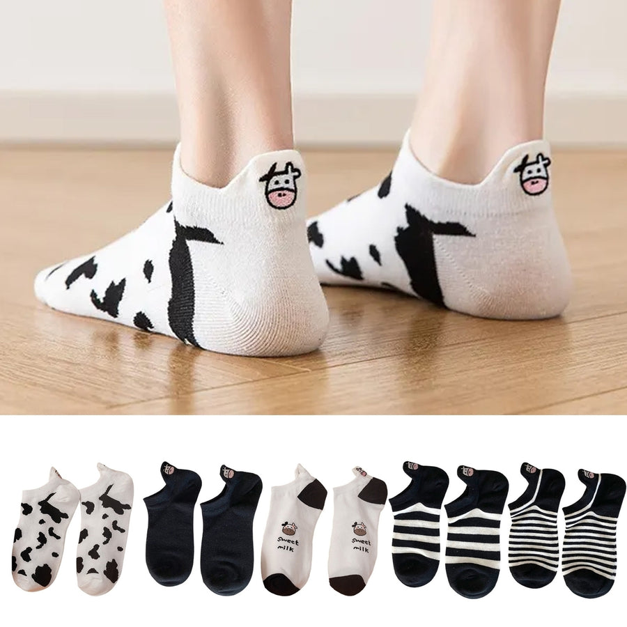 1 Pair Ankle Socks Breathable Soft Elastic Sweat Absorption Low Cut Decorative Cotton Blend Cartoon Cow Embroidered Image 1