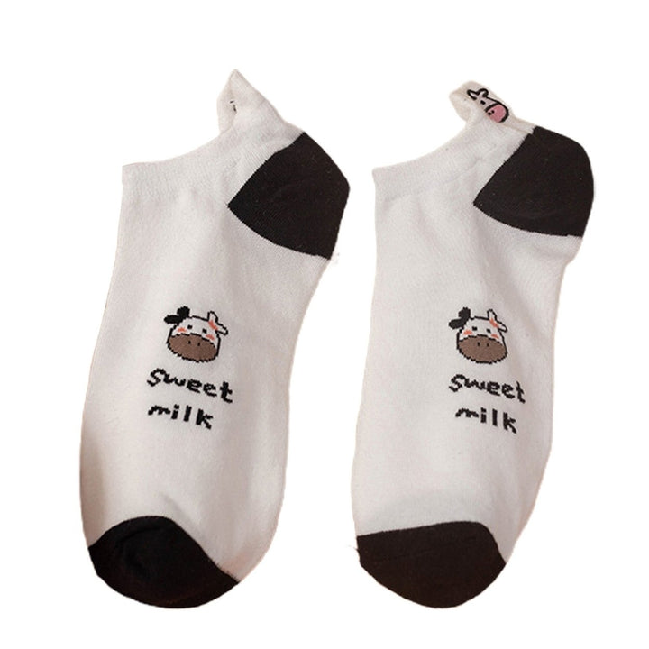 1 Pair Ankle Socks Breathable Soft Elastic Sweat Absorption Low Cut Decorative Cotton Blend Cartoon Cow Embroidered Image 1