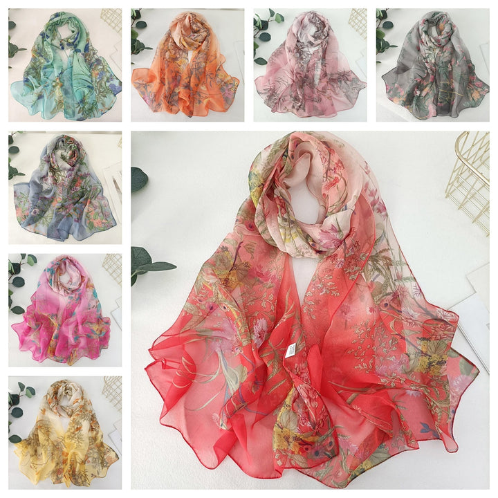 Women Summer Scarf Grass Flower Print Thin See-through Wide Neck Protection Sunscreen Breathable Image 10