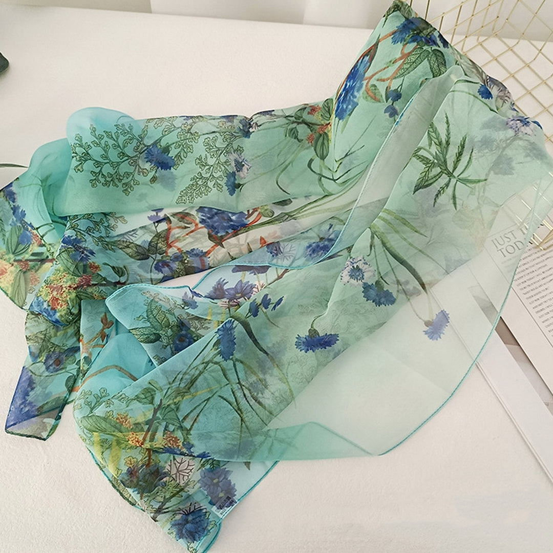 Women Summer Scarf Grass Flower Print Thin See-through Wide Neck Protection Sunscreen Breathable Image 12