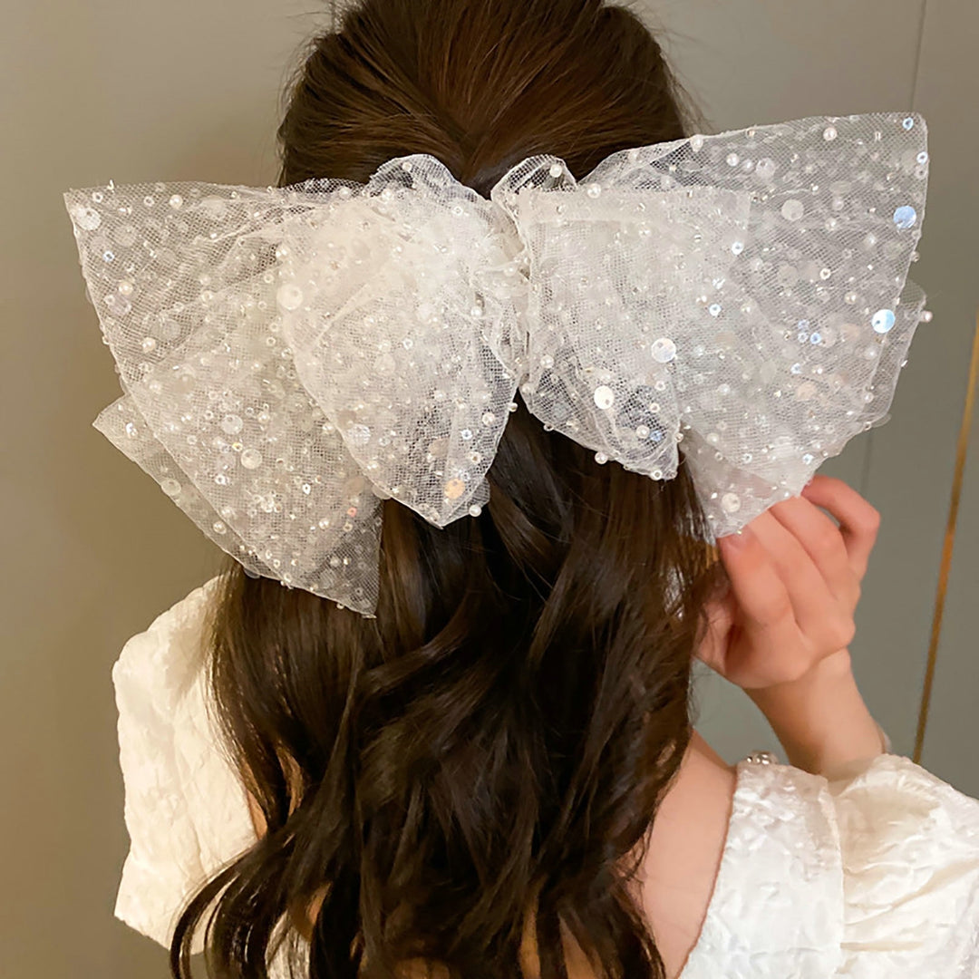 Women Hair Barrette Big Bow-knot Shiny Sequin Luxury See-through Mesh Solid Color Hair Decoration Image 4