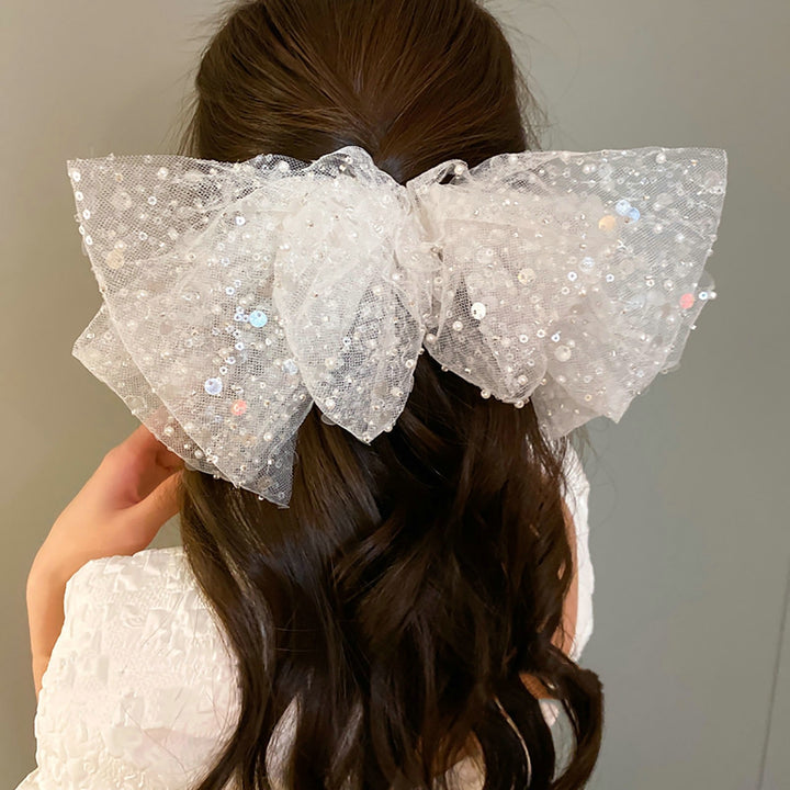 Women Hair Barrette Big Bow-knot Shiny Sequin Luxury See-through Mesh Solid Color Hair Decoration Image 10