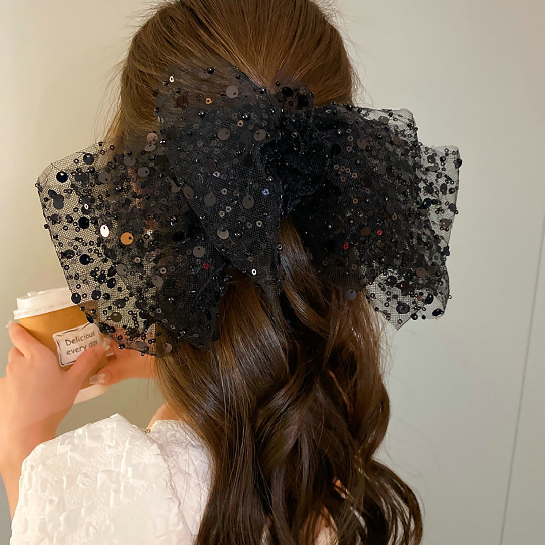 Women Hair Barrette Big Bow-knot Shiny Sequin Luxury See-through Mesh Solid Color Hair Decoration Image 11