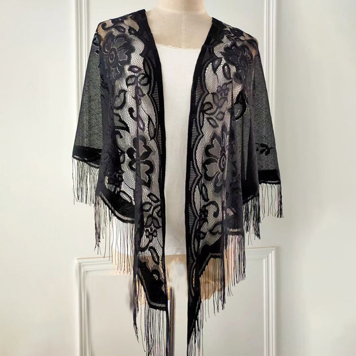 Tassel See-through Thin Solid Color Beach Shawl Oversized Crochet Flower Printing Beach Cover-up Image 10