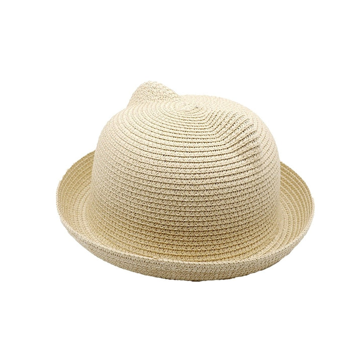 Hemming Brim Edge Curl Foldable Straw Hat Baby Cat Ear Decor Bucket Hat Daily Accessories Image 1