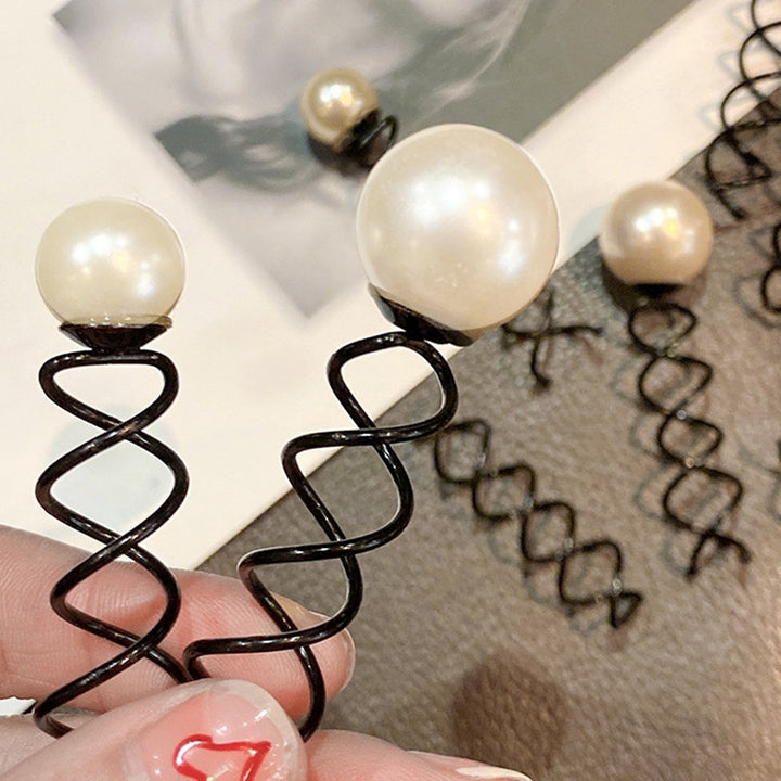 1 Pair Spring Spiral Design Hair Stick Elegant Non-Slip Exquisite Faux Pearl Decor Hair Bun Fork Hair Accessories Image 1