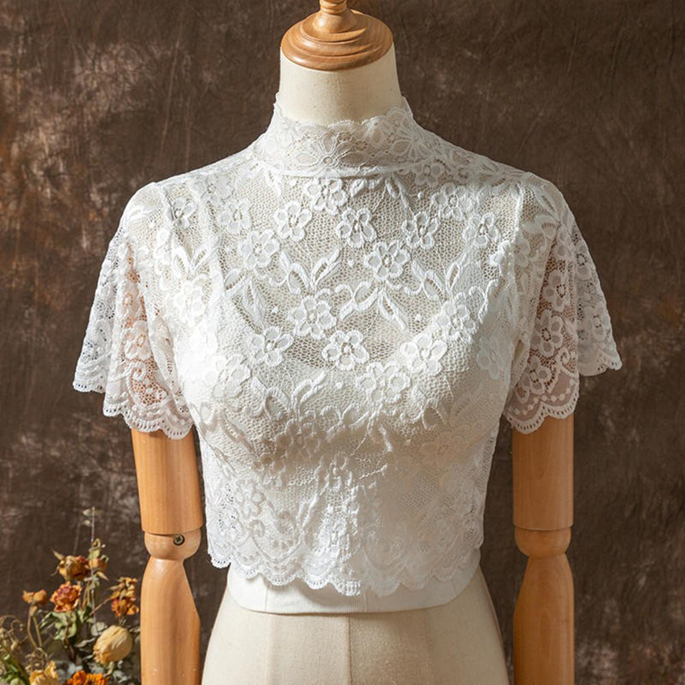 Half High Collar Short Sleeve Fake Collar See-through Solid Color Crochet Flower Pattern Lace Bottoming Top Clothing Image 2