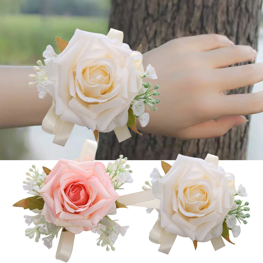 Green Leaf Ribbon Realistic Wrist Flower Bride Bridesmaid Sisters Group Fake Rose Hand Flower Wedding Supplies Image 1