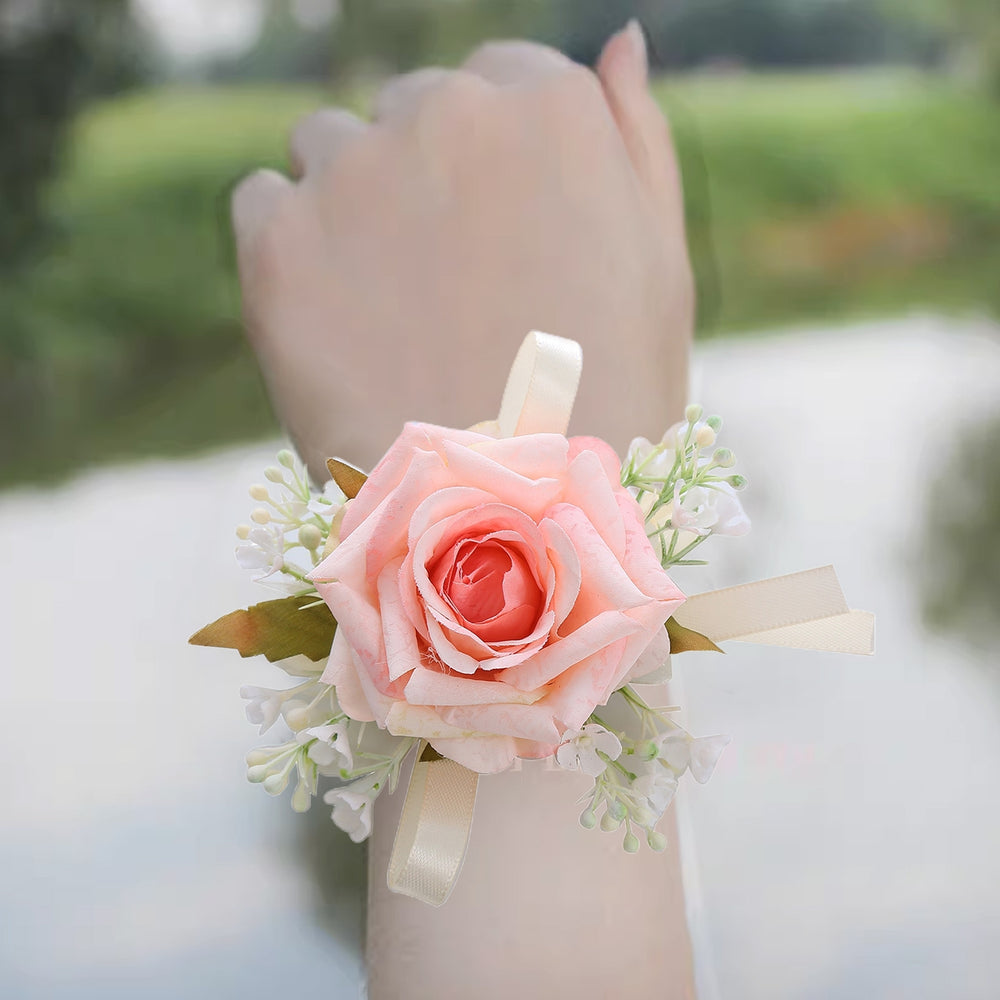 Green Leaf Ribbon Realistic Wrist Flower Bride Bridesmaid Sisters Group Fake Rose Hand Flower Wedding Supplies Image 2