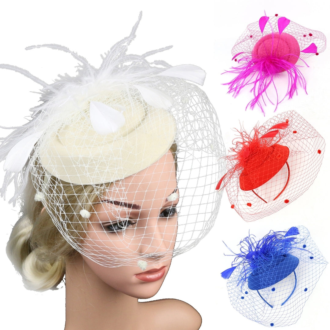 Hair Hoop Design Sweet Fascinator Hat Handmade Noble Solid Color Faux Feather Mesh Decor Bridal Headpiece Hair Image 12